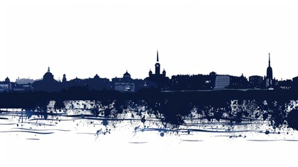 Obraz premium Krasnoyarsk city skyline silhouette with artistic navy blue splash effect on white background.