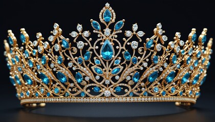 A tiara sculpted from clusters of glittering diamonds and shiny gems, arranged in an intricate pattern that dazzles, displayed on a stand, Generative AI