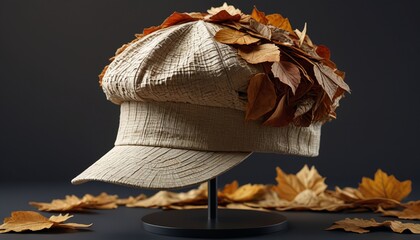 A cap created from layers of dried leaves, carefully pressed together to form a textured, natural-looking design, displayed on a stand, Generative AI