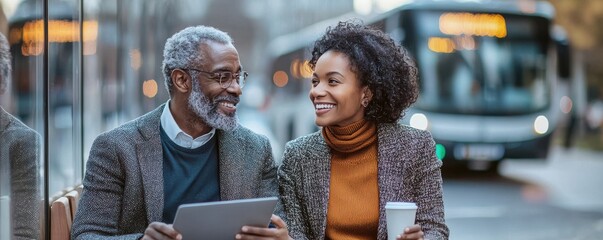 Happy couple together enjoying coffee and tablet outdoors in the city - Powered by Adobe