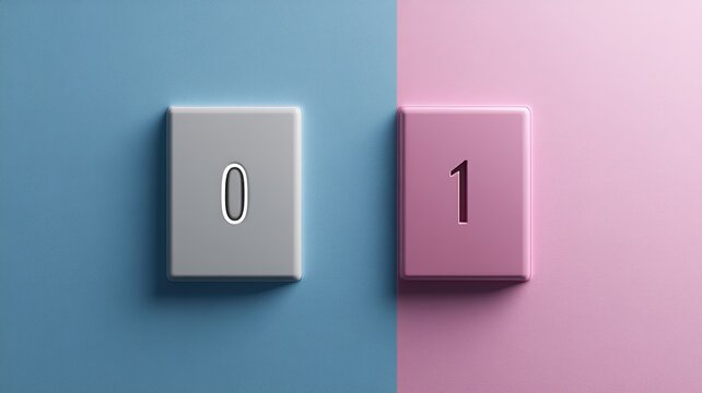 Binary concept with keys representing 0 and 1 on contrasting blue pink background