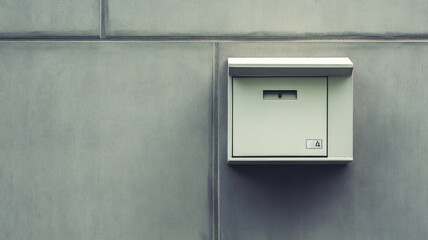 Single gray metallic mailbox attached to concrete wall