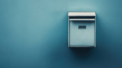 Lone mailbox mounted on serene blue wall