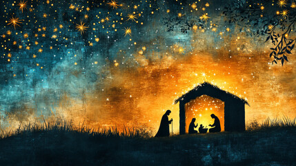A minimalist, glowing nativity scene in silhouette, with Mary, Joseph, shepherd, and baby Jesus under a simple star-lit stable, holy night surrounded by a soft, warm gradient of deep blue and gold