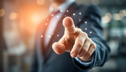 Close up of businessman hand pointing at creative polygonal sphere on blurry background. Network and connect concept. Double exposure isolated with white highlights, png