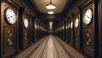 Fototapeta premium A hallway of old clocks, their ticking growing louder as you approach, leading to time-etched bronze doors, Generative AI