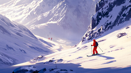 People skiing skiers on a snowy mountainside majestic landscape winter outdoor adventure sport downhill ski slope with copy space rugged beautiful nature background