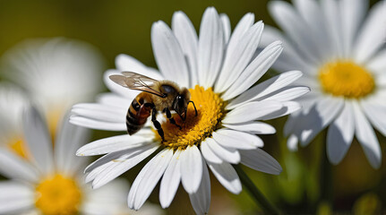 A closeup of a bee on a daisy flower collecting nectar