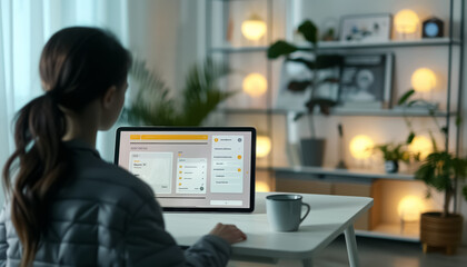 person using digital tablet at cozy home interior closeup, freelance and remote job concept, browsing internet