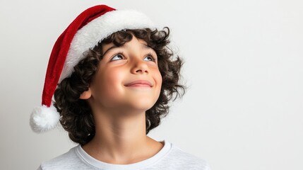 With a beaming smile, a cute child dressed in a cozy shirt and a bright red Santa hat radiates holiday cheer. The monochrome background enhances the spirit of Christmas joy and anticipation