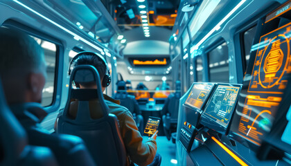 modern commuters using technology on bus illuminated by neon lights during the night, passengers in futuristic transportation vehicle with glowing screen and console, transport of future