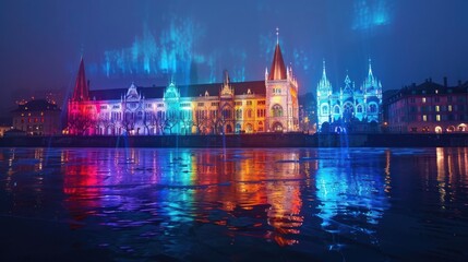Obraz premium Colorful illuminated buildings reflected in water at night.