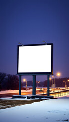 Fototapeta premium billboard screen winter MOCKUP with white field. at night near the road isolated with white highlights, png