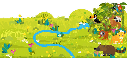 Obraz premium cartoon south america scene with animals ant eater alpaca wolf monkey parrot birds cats by the pond illustration for children