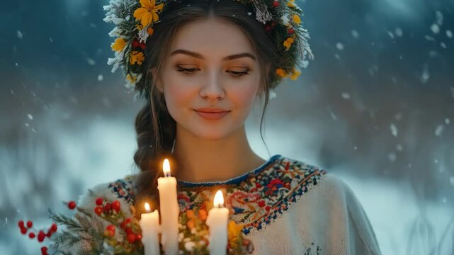 Slavic girl with herbal wreath on head holding burning candle on blurred winter background. Fantasy woman celebrating winter solstice holiday, Yule, Imbolc, Samhain, Koliada. Ethno folk style