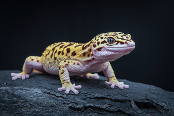 A small lizard with a black and yellow pattern on its back is standing on a rock. The lizard appears to be looking at the camera, possibly curious or alert, Black background