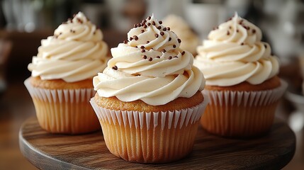 Three Vanilla Cupcakes Topped With Chocolate Sprinkles