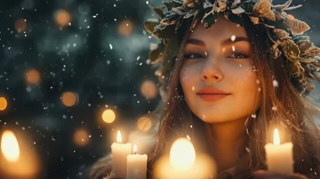 Slavic girl with herbal wreath on head holding burning candle on blurred winter background. Fantasy woman celebrating winter solstice holiday, Yule, Imbolc, Samhain, Koliada. Ethno folk style