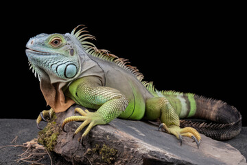 Obraz premium A green iguana is laying on a rock. The lizard is green and has a blue tongue. Black background