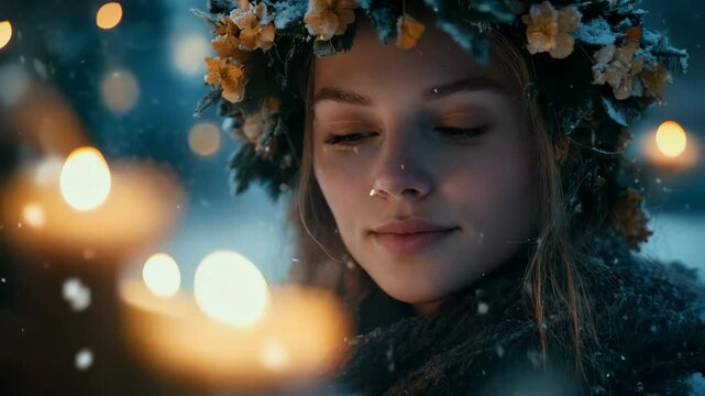 Slavic girl with herbal wreath on head holding burning candle on blurred winter background. Fantasy woman celebrating winter solstice holiday, Yule, Imbolc, Samhain, Koliada. Ethno folk style