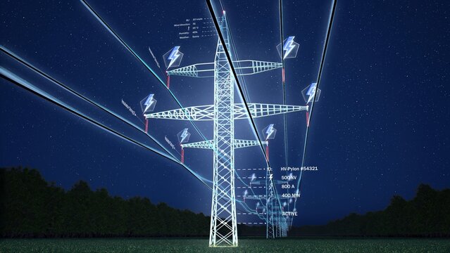 AR data visualization of energy flowing through overhead power lines used in electric transmission and distribution. Steel tower high voltage electrical cables over night sky, 3d render animation - Powered by Adobe