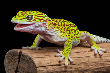 Obraz premium A yellow and black lizard is sitting on a log. The lizard has a mouth open, which suggests that it is either hungry or excited. Concept of curiosity and playfulness. Black background
