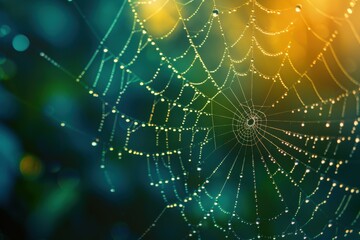 Dew droplets glisten on a delicate spider web in the early morning light surrounded by soft bokeh