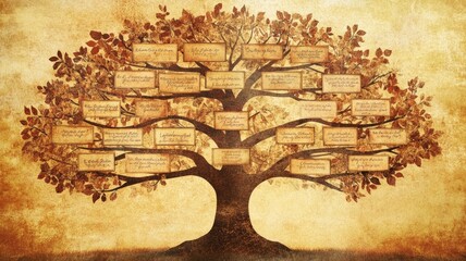 Fototapeta premium Ancestral family tree illustration with labeled branches and sepia tones