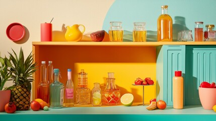 Colorful kitchen shelves with bottles and fresh fruit