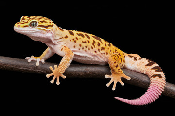 A small lizard is sitting on a branch. The lizard is brown and yellow with pink on its tail. Black background