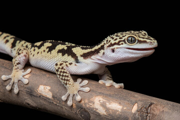 Obraz premium A small lizard is sitting on a branch. The lizard is brown and white with black spots. It has a mouth open and it is smiling. Black background