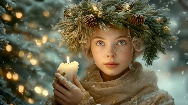 Slavic girl with herbal wreath on head holding burning candle on blurred winter background. Fantasy woman celebrating winter solstice holiday, Yule, Imbolc, Samhain, Koliada. Ethno folk style