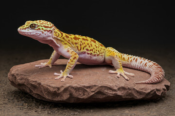 Obraz premium A small lizard is sitting on a rock. The lizard is brown and yellow. The rock is brown and has a rough texture. Black background