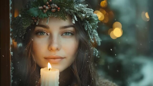 Slavic girl with herbal wreath on head holding burning candle on blurred winter background. Fantasy woman celebrating winter solstice holiday, Yule, Imbolc, Samhain, Koliada. Ethno folk style