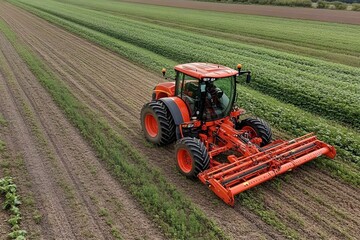 Fototapeta premium a field being worked by a tractor