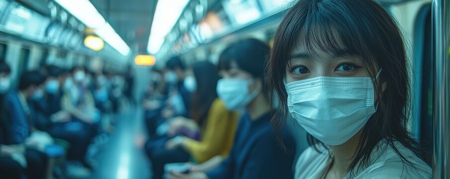 Young woman wearing face mask on crowded subway train - Powered by Adobe