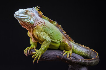 Obraz premium A green and white iguana is sitting on a branch. The iguana is smiling and he is happy. Black background