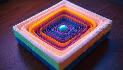 Obraz premium A computer case crafted from layers of colorful foam, with a soft, bouncy texture and a glowing core that radiates light, Generative AI