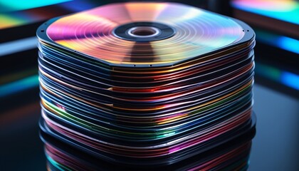 Fototapeta premium A computer case built from layers of stacked CDs, arranged to form a shiny, reflective surface that creates dazzling light patterns, Generative AI