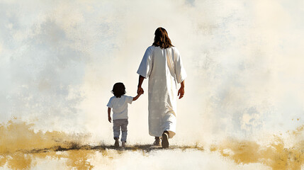 soft simple watercolor scene of Jesus walking with child, Jesus is holding the child's hand, both are facing away with their backs toward us
