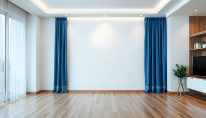 Obraz premium Blank white mock up wall in modern living room with wooden floor and blue curtain isolated with white highlights, png