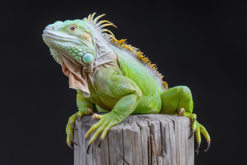 Obraz premium A green iguana is sitting on a log. The lizard is looking at the camera. The image has a calm and peaceful mood. Black background