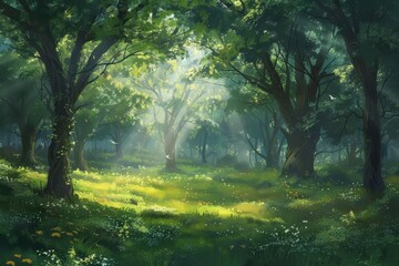 Obraz premium Sunlight filters through tree branches in a serene forest glade filled with flowers and greenery during the early morning hours
