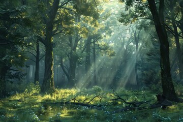 Obraz premium Sunlight filters through tree branches in a serene forest glade filled with flowers and greenery during the early morning hours