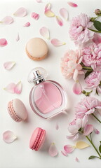 Pink perfume bottle with flowers and macarons on white background
