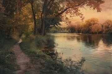 Fototapeta premium Peaceful riverside path lined with trees during sunset in a serene natural setting