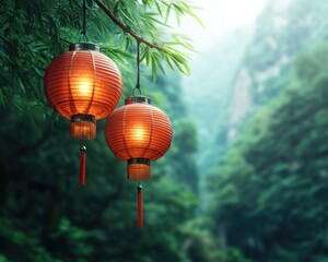 Obraz premium Serene and Harmonious Ambiance Red Lanterns Glow in a Bamboo Grove, Creating a Peaceful and Tranquil Atmosphere These Illuminated Chinese Lanterns Hang Gently from Bamboo Branches, Offering a