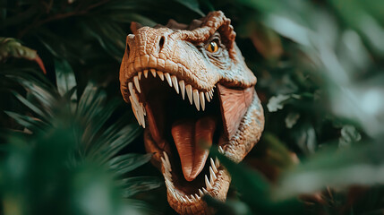 Obraz premium roaring dinosaur head emerging from lush greenery, showcasing its fierce teeth and detailed texture, evokes sense of prehistoric power and majesty