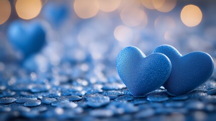 Fototapeta premium Light blue hearts scattered on the floor with a pastel bokeh background