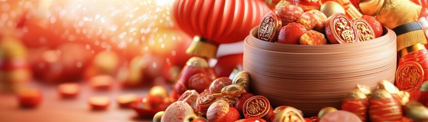 Vibrant Fireworks Exploding Over a Bustling Chinese New Year Market A Stunning Visual of Symbolic Decorations, Lanterns, Red Envelopes, and Traditional Trinkets, Capturing the Festive Atmosphere and
